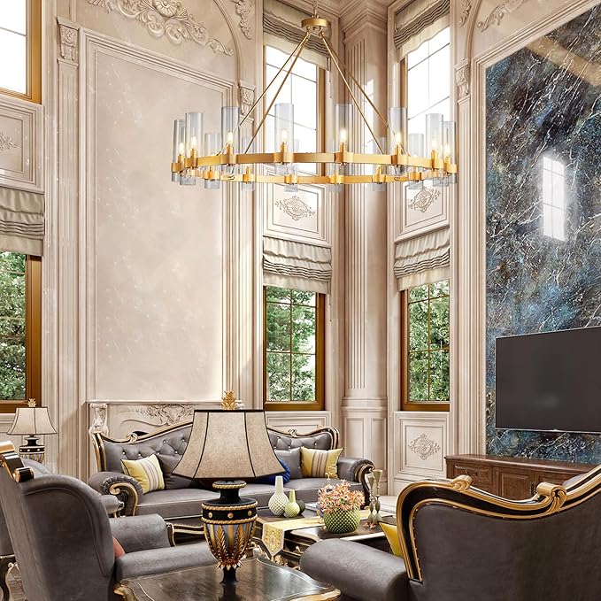 48" Gold Wagon Wheel Chandelier, 16-Light Farmhouse Round Pendant Light Fixture with Glass Shade, Large Hanging High Ceilings Chandeliers for Dining Room Kitchen Foyer Entryway Living Room