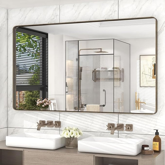 Bronze Bathroom Mirror for Wall, 55x30 Large Brushed Bronze Vanity Mirror for Bathroom, Rounded Rectangle Mirror, Anti-Rust, Shatterproof (Horizontal/Vertical)