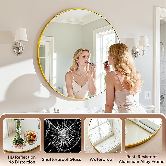 Antok Wall Mirror, 20"x20" Bathroom Vanity Mirror, Anti-Rust HD Tempered Glass, Wall Mounted Mirrors for Living Room, Entryway, Gold Frame, Round