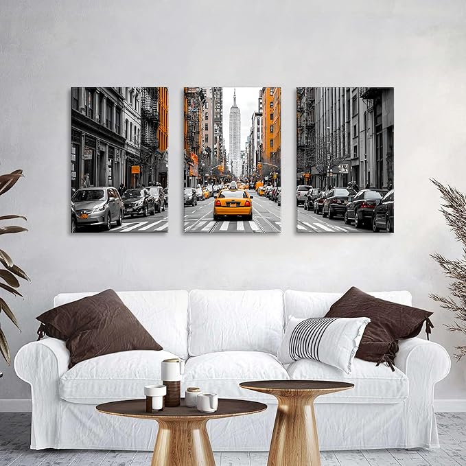 Black and White Nyc Wall Art Living Room Bedroom Wall Decor Cityscape Orange Taxi Framed Canvas Contemporary Street Car Poster Print City Photography Photo Man Bathroom Interior Decoration 24x36 3pcs