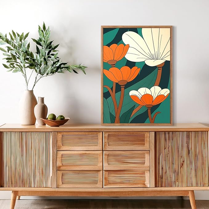 CHDITB Modern Floral Framed Canvas Wall Art Set, Nature Flowers Wall Decor, Abstract Orange Flower Artwork, Wildflowers Picture, Vintage Green Art Prints for Living Room, Bedroom, Office 16"x24"x3