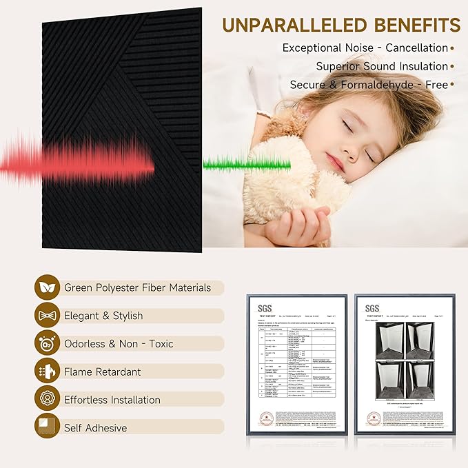 Acoustic Wall Panels,6 Pack Total Size 72 x 48 Inches,Self-Adhesive Decorative Acoustic Panels for Wall and ceiling,Black