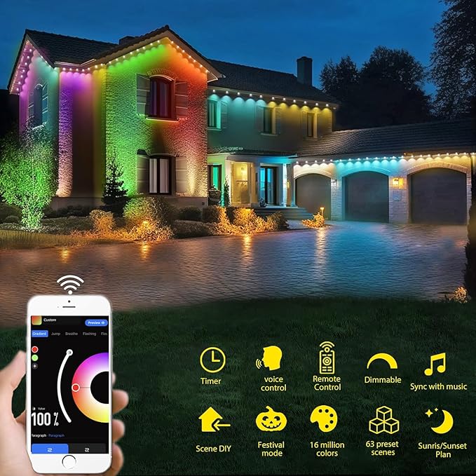 Outdoor Christmas Lights - 50ft Smart RGB+IC Color Eaves Lights with 63 Scene, IP67 Waterproof, Alexa & Google Assistant Voice Control