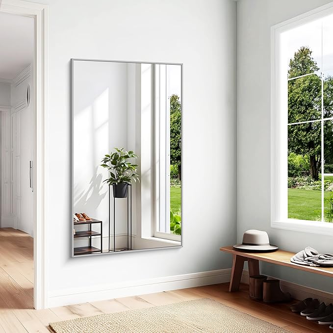 KOCUUY Silver Bathroom Mirror, 60"x36" Large Rectangle Bathroom Mirror for Wall, HD Tempered Glass, Anti-Rust Brushed Silver Frame, Modern Design for Bathroom, Bedroom, Hang Horizontal/Vertical