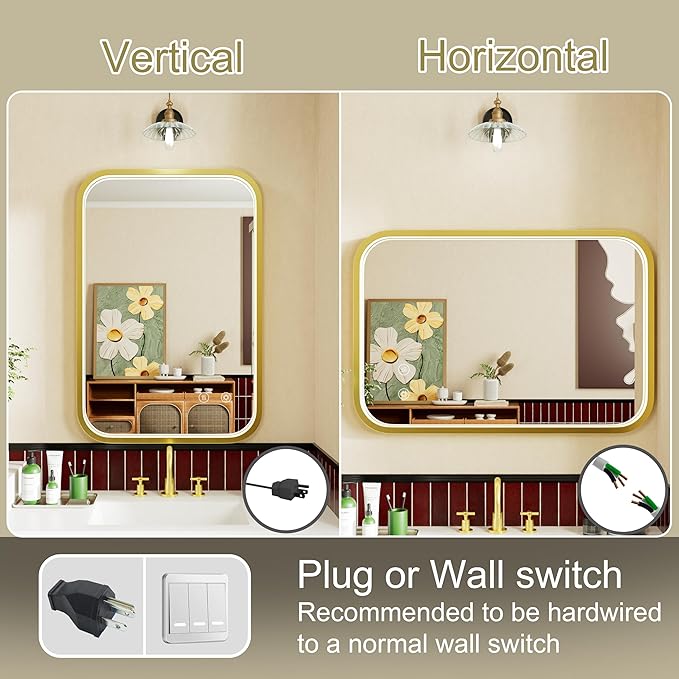 16x24 Inch Gold LED Bathroom Mirror with Lights, Adjustable 3000K/4500K/6000K, Wall Mounted Framed Lighted Bathroom Vanity Mirrors, Anti-Fog, Dimmable, Memory Funtiom, Horizontal/Vertical