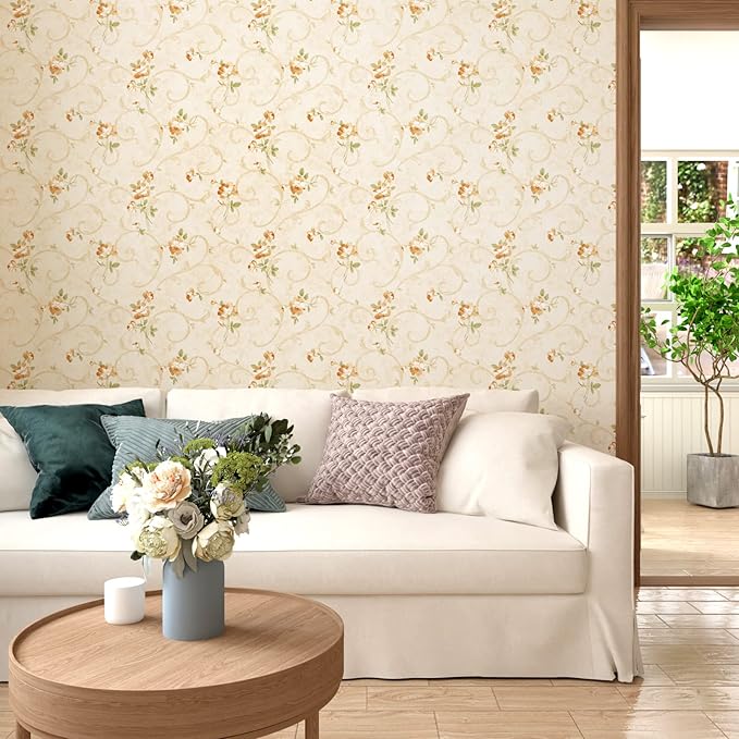 17.5"x315" French Country Wallpaper Beige Vintage Floral Peel and Stick Wallpaper for Accent Walls Yellow Wild Flowers Rustic Boho Contact Paper Floral Removable Contact Paper Wall Decorative