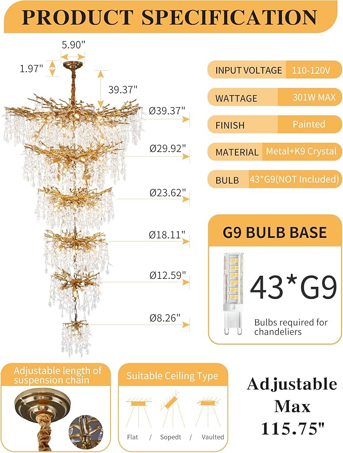 Modern Long Staircase K9 Chandeliers, Luxury Gold 6-Tier Large Foyer Entrance Chandeliers for High Ceiling Big Crystal Chandelier(Height 75 Inch 43 Lights)