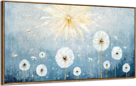 Nicetop Large Framed Inspirational Wall Pictures for Living Room Blue Floral Canvas Art Prints for Bedroom Office Nature-Inspired Dandelion Botanical Flower Artwork,Home Coastal Wall Decor 48x24 Inch