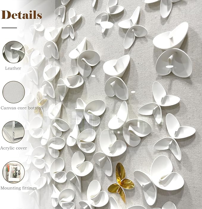 BrightA3D Textured wall decorations, leather and metal-tinged golden and white metal butterfly wall sculptures, large artworks, gradient colors, modern artworks, suitable for decoration in living rooms and bedrooms. 23.6"x23.6"