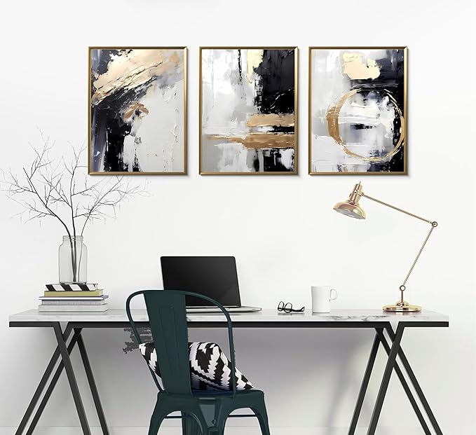 3pcs Black Gold Canvas Wall Art Abstract Geometric Textured Posters Prints Pictures Paintings with Faux Stucco Finish Modern Beige Minimalist Wall Decor for Living Room Bedroom Bathroom Unframed