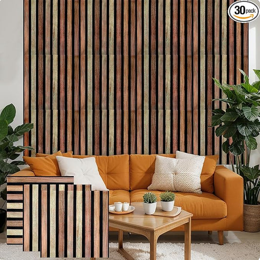 30 Pcs Faux Wood Slat Wall Panel Peel and Stick 11.8"x11.8" Peel and Stick Wood Tiles Ultralight PVC Wall Paneling for Bedroom, Bathroom, Kitchen Backsplash, Farmhouse Interior Decor