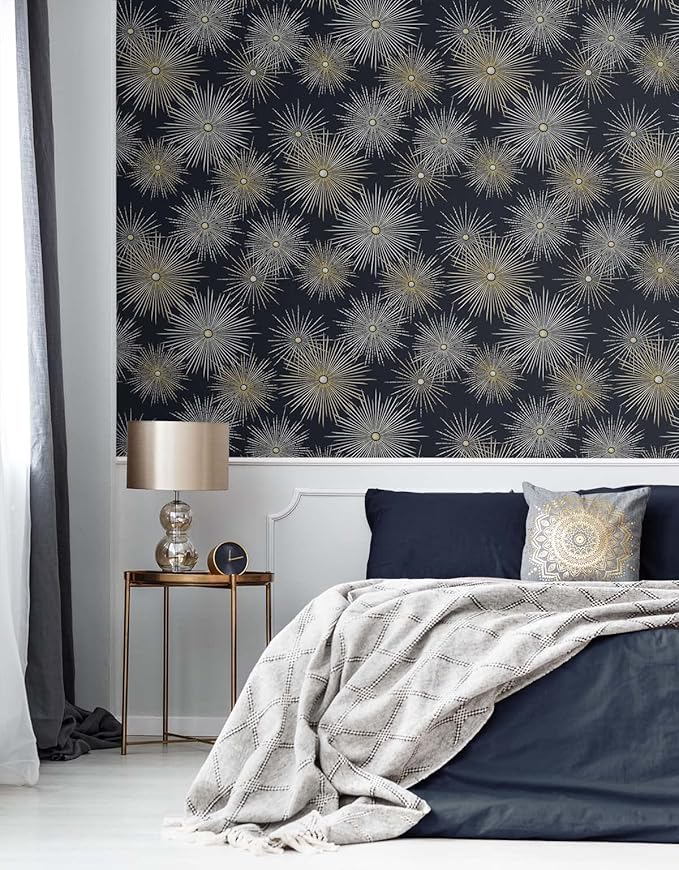 NextWall Star Burst Geo Mid Century Peel and Stick Wallpaper (Midnight Blue & Metallic Gold)