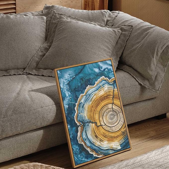BingruiArt Framed Tree Ring Canvas Wall Art Abstract Wood Wall Decor Boho Modern Colorful Nature Painting Wood Stump Prints Pictures for Living Room Bedroom Bathroom Office 16"x24" Natural Framed(07)