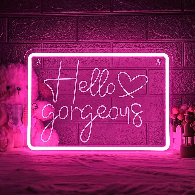 Lucunstar Hello Gorgeous Neon Sign,Led Sign,Pink Led Neon Light for Wall Decor,Neon Signs for Wall Decor,Light Sign for Wedding,Dimmable Switch USB with Neon Sign for Bedroom,Home Decor