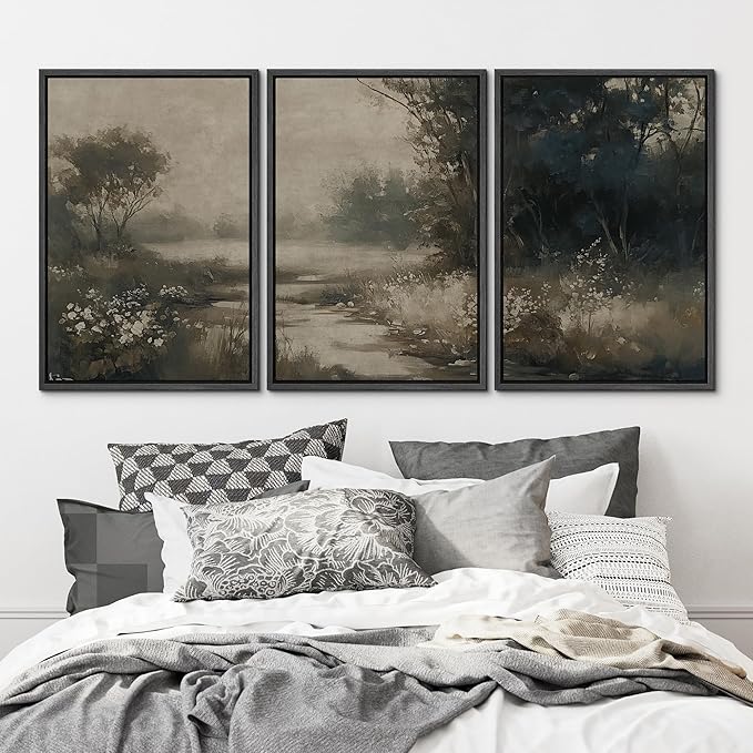 MUDECOR Framed Wall Art Print Set Vintage Landscape Subtle Forest and River in Earthy Tones Illustrations Modern Art Boho Decorative Colorful Chic for Living Room, Bedroom, Office - 24"x36"x3 Black