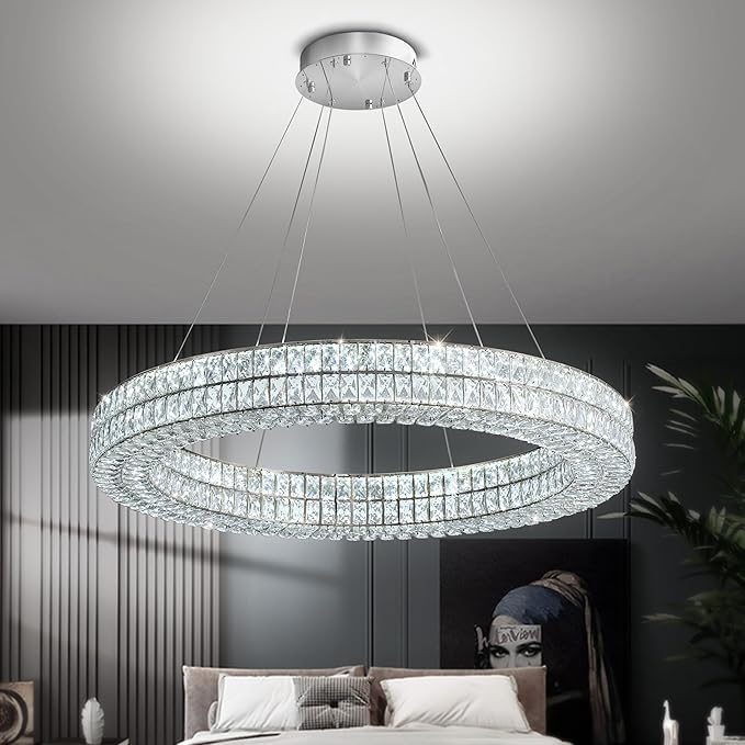 Led Ring Crystal Chandelier for Living Room, Modern Dimmable Chandeliers Lighting and Hanging Adjustable, LED Round Ceiling Chandelier for Dining Room (40inch,Black)
