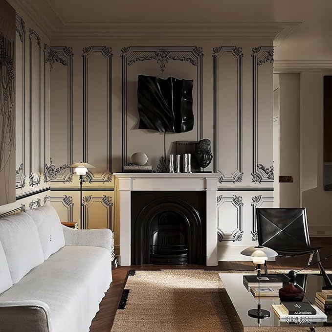 Large 3D Peel and Stick French Wallpaper Mural 148" W x 98" H Classic Black and White Interior Wall with Mouldings Mural Vintage Architectural Wallpaper for Bedroom TV Background Living Room