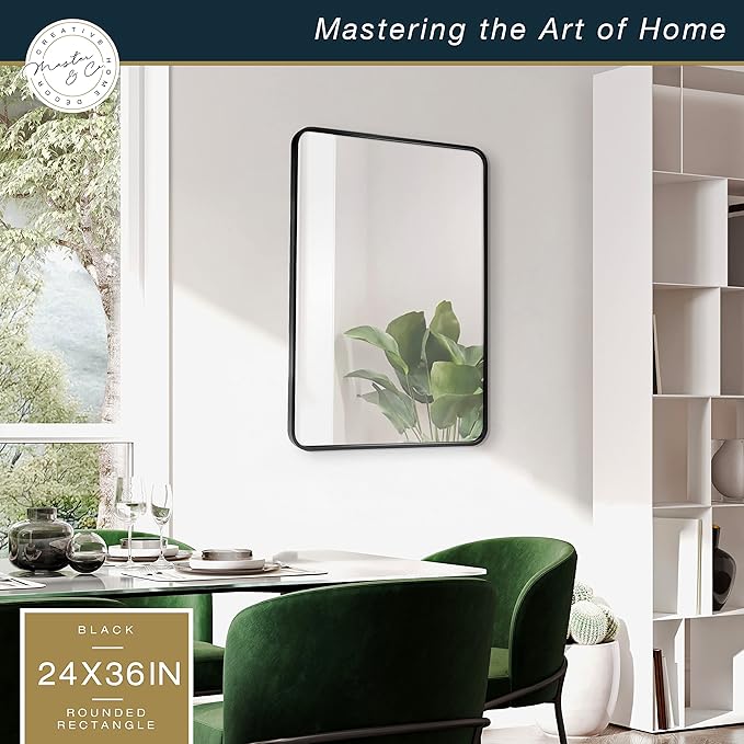MCS Master & Co. Modern Metal Large Wall Mirror, Minimalist Home Decor Rectangle Mirror with Rounded Corners for Living Room, Bedroom, or Bathroom, 24 by 36 Inch, Black