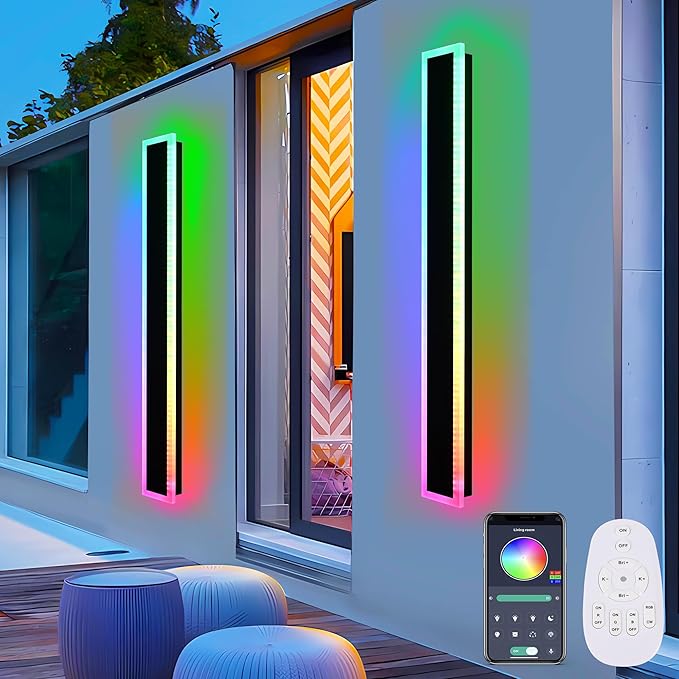 MELUCEE 2 Pack Outdoor RGB Long Wall Lights, 48 Inch Wall Lights RGB/Warm/White Dimmable Modern Led Wall Lighting, IP65 Waterproof Wall Sconce with Remote Control for Outdoor/Indoor Party Gathering