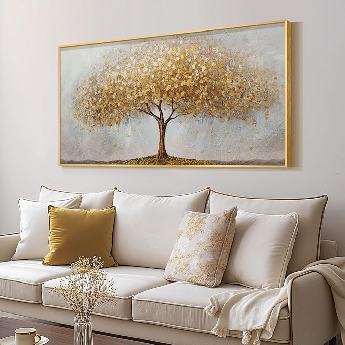 Large Framed Tree of Life Gold Wall Art for Living Room, Canvas Prints Paintings Artwork for Walls, Modern Luxury Golden Big Tree Pictures for Hallway Dining Room Bedroom Office Wall Decor 30x60 In
