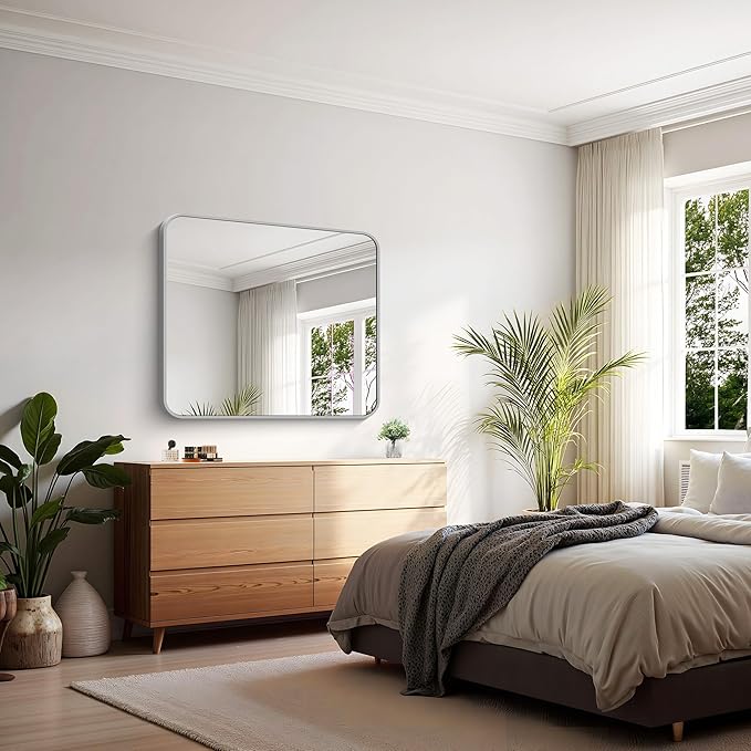 KOCUUY Silver Bathroom Mirror, 30x36 Inch Bathroom Mirror for Over Sink, HD Tempered Glass, Anti-Rust Brushed Silver Frame, Rounded Corner Modern Design for Bathroom, Hang Horizontal/Vertical