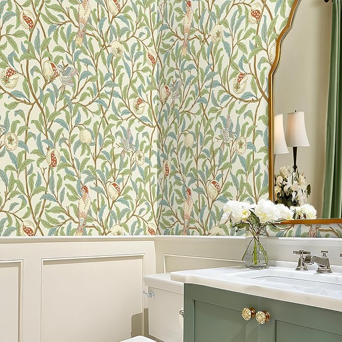Livelynine 17.5x276 William Morris Green Peel and Stick Wallpaper Vintage Floral Birds Owl & Willow Boughs Fruit Self Adhesive Wallpaper Removable Blue Cream Green Botanical Contact Paper Shelf Liner