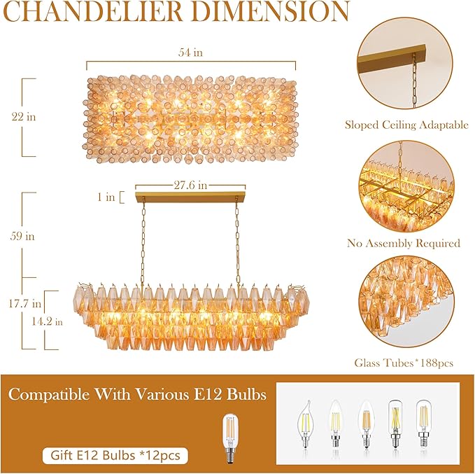 Large Chandelier, 54" Gold Rectangular Drum Chandeliers for Dining Room, 12-Light Modern Round Kitchen Island Hanging Light Fixture for Living Room, Kitchen Island, Foyer