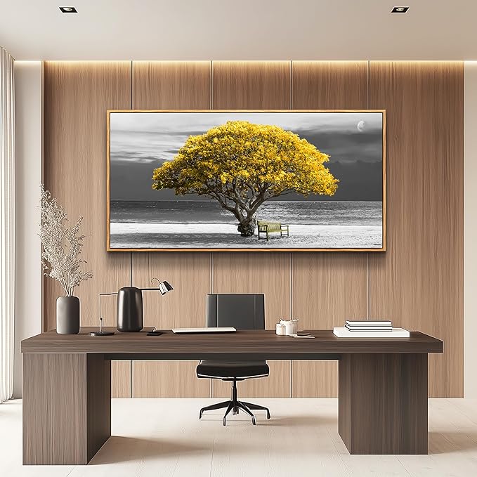 MHARTK66 Wood Framed Wall Decor For Living Room Large Canvas Wall Art For Office Bedroom Decoration Art Black And White Scenery Wall Painting Yellow Trees View Picture Hotel Room Home Artwork