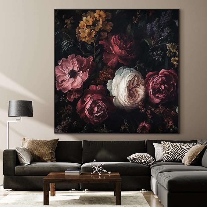 72"x72" XL Framed Wall Art - Vintage Dark Floral Romantic (Frame Assembly Required)