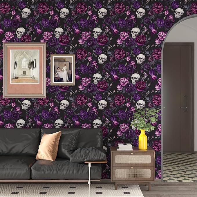 Black Floral Wallpaper Peel and Stick 17.4" x 393" Gothic Floral Vintage Sugar Skull Contact Paper Removable Self Adhesive Waterproof Covering for Cabinet Drawers Home Decor