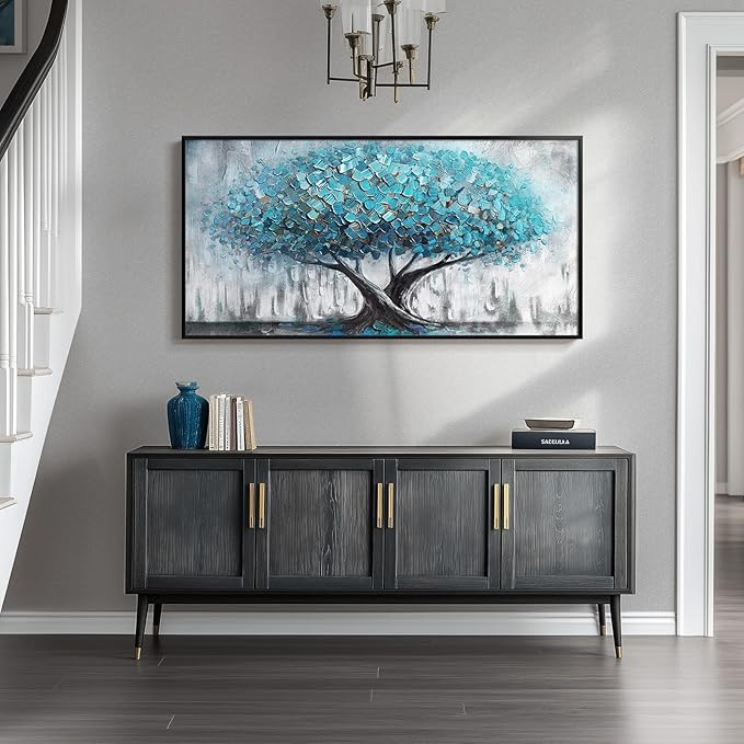 Large Framed Tree of Life Wall Art, Modern Canvas Prints Paintings Artwork for Walls, Rustic Blue Big Tree Pictures for Living Room Fireplace Bedroom Dining Room Office Wall Decor 30x60 Inch