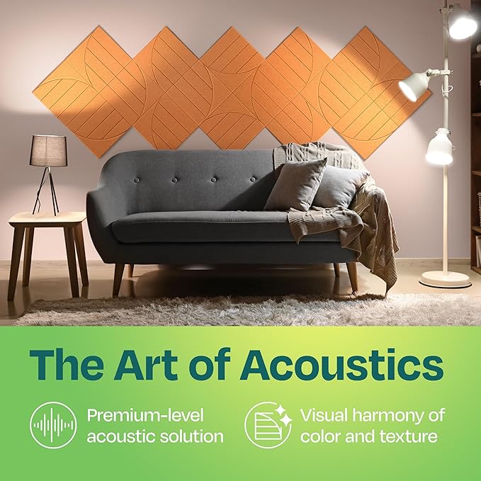 Acoustic Panels 12-Pack Soundproof Wall Panels 12"x12"x0.4" Decorative Sound Dampening for Your Home, Office, Studio, Bedroom & More with Unique ModuArc Carving [70'S Orange]