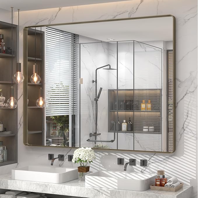 50x40 Inch Bronze Metal Framed Bathrrom Mirror, Brushed Metal Bathroom Vanity Mirrors for Wall, Rounded Corner Bronze Rectangle Mirror for Farmhouse, Bedroom, Anti-Rust (Horizontal/Vertical)