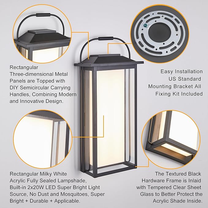 24" Ht Modern Oversized Outdoor Super Bright Wall Sconce with Built-in 2x20W LED Covered by Milky White Acrylic and Clear Glass, Suitable for Big House, Extra High Walls and Gates.