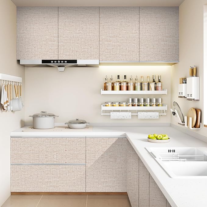 Beige Grasscloth Contact Paper 15.75x196.85inch Peel and Stick Wallpaper Removable Textured Wallpaper Self Adhesive Faux Linen Decoration Wall Paper for Furture Countertop Renovation