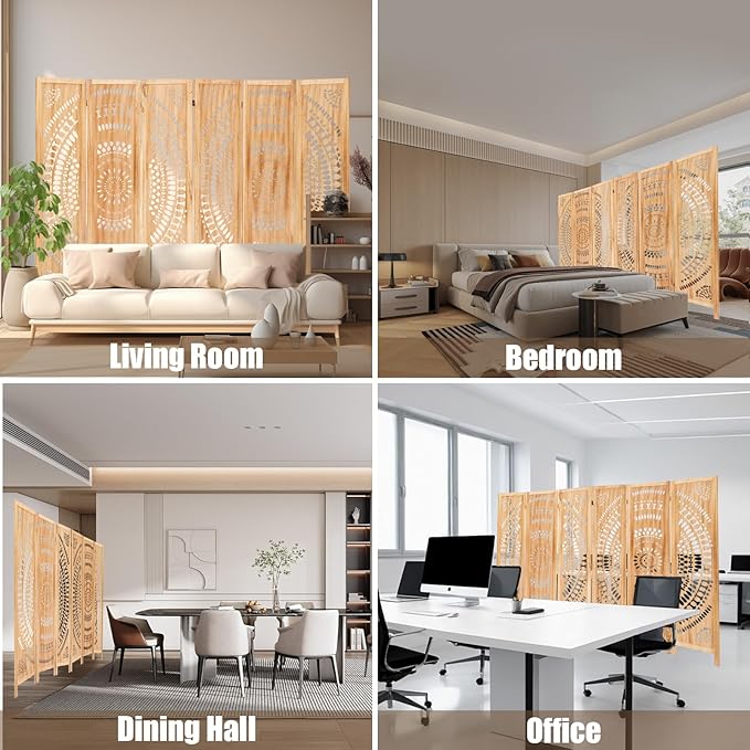 6 Panel Wood Room Divider Fully Assembled, Decorative Room Dividers and Folding Screens, 5.6Ft Room Divider Screen Freestanding Partition Wall Dividers for Home Bedroom Office, Light Brown