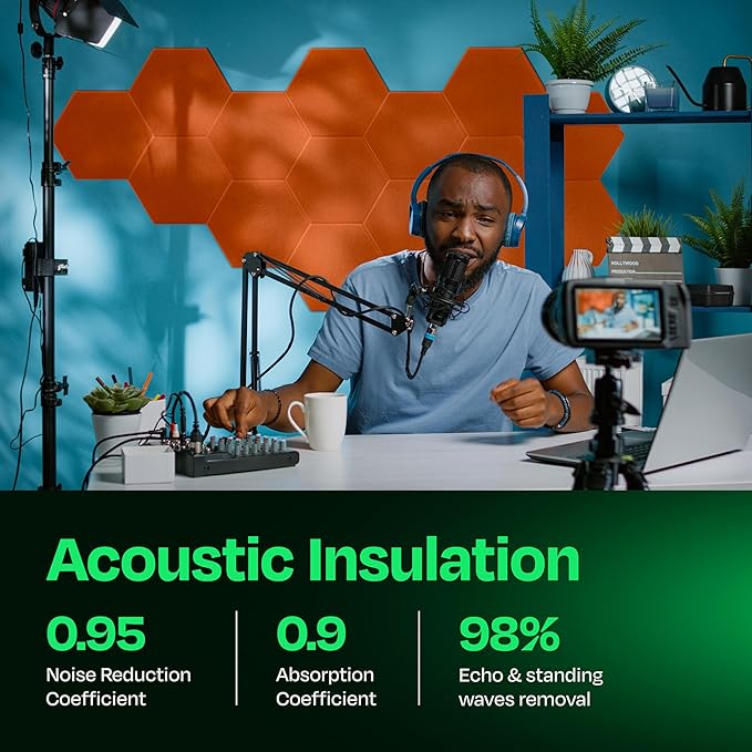 Acoustic Panels 12-Pack Soundproof Wall Panels 12"X10.4"X0.4" Sound Panels High Density Sound Dampening Panels - [Poppy Orange Hexagon]