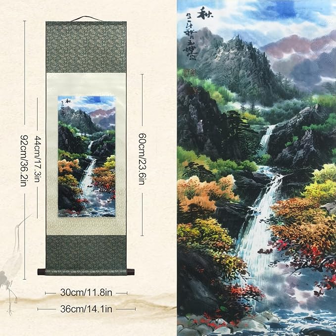 AtfArt Asian Wall Decor - Beautiful Silk Scroll Painting of Four Seasons Landscape (Autumn) - Oriental Decor - Chinese Art Wall Scroll - 36.2 x 12in
