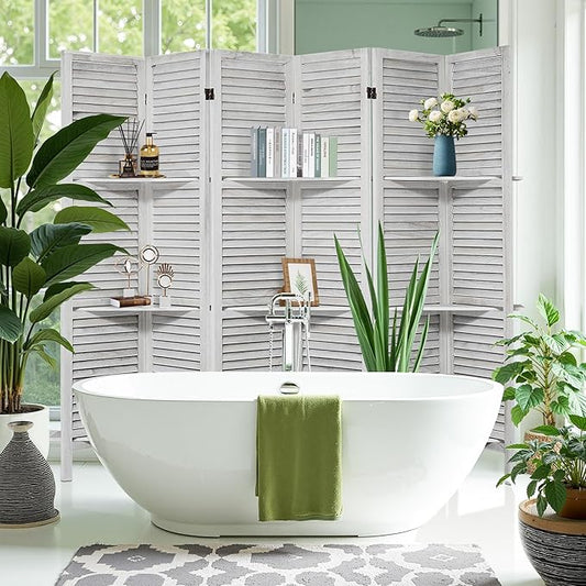 2 PCS Room Dividers 5.6FT Louvered Design 6 Panel Room Dividers with Display Shelves Folding Privacy Screens Portable Freestanding Partition Wall Dividers for Bedroom, Retro White