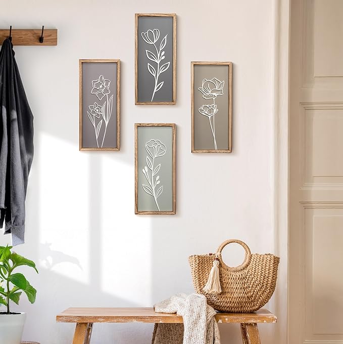 3D Wooden Floral Bathroom Wall Decor (Set of 4) Lightweight, Ready-to-Hang Framed Wall Art For Living Room, Bedroom, or Office - Premium Boho Botanical Farmhouse Decorations - Gift-Boxed