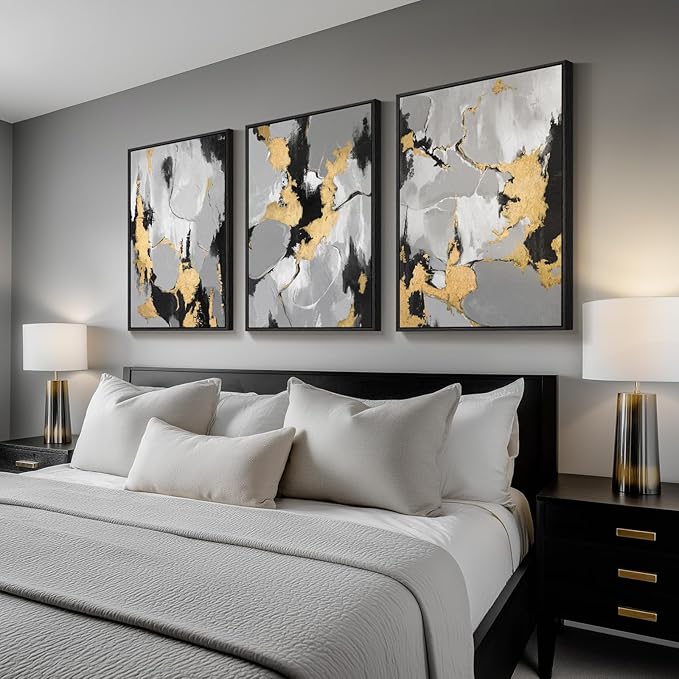 Large Framed Abstract Wall Art for Living Room, 3 Piece Modern Canvas Prints Paintings Artwork for Walls, Black Grey Gold Abstract Pictures for Hallway Stair Dining Room Office Wall Decor 24x36 Inch