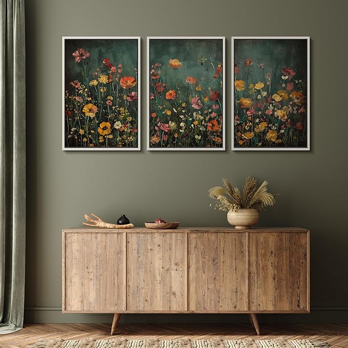 MUDECOR Framed Wall Art Print Set Vintage Wildflower Meadow with Colorful Blooms Illustrations Modern Art Boho Decorative Colorful Chic for Living Room, Bedroom, Office - 16"x24"x3 White
