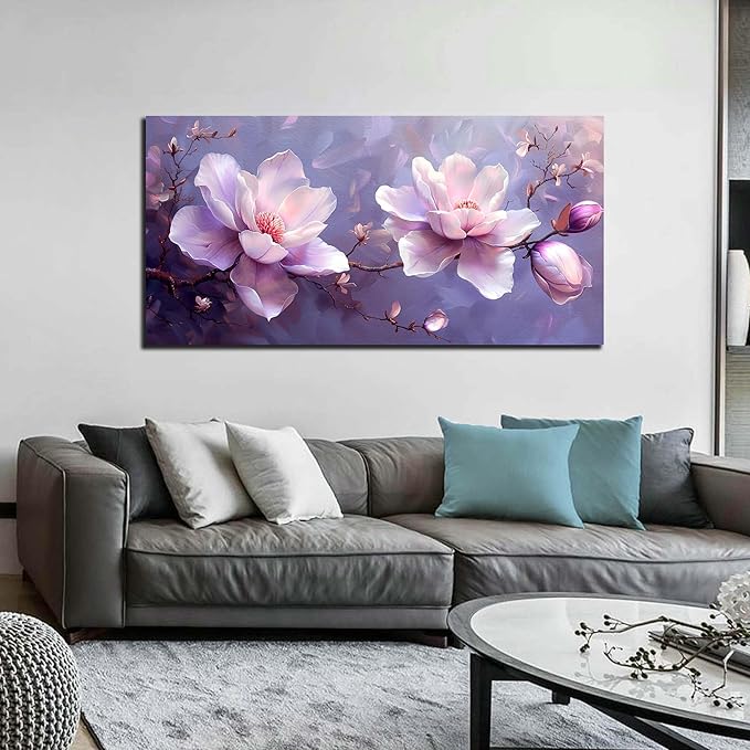 ANCXWOTER Botanical Wall Art Pink Purple Flower Artwork Modern Floral Canvas Prints for Living Room Bedroom Office Kitchen 24"x48"