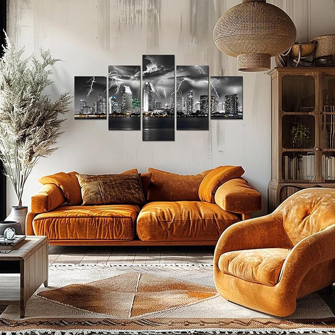 Cawpom San Diego Wall Art Black and White California Skyline Wall Decor Nature Lightning Strikes in The Clouds Picture Canvas Print Painting Poster Frame Home Living Room Decoration(60x32 inches)