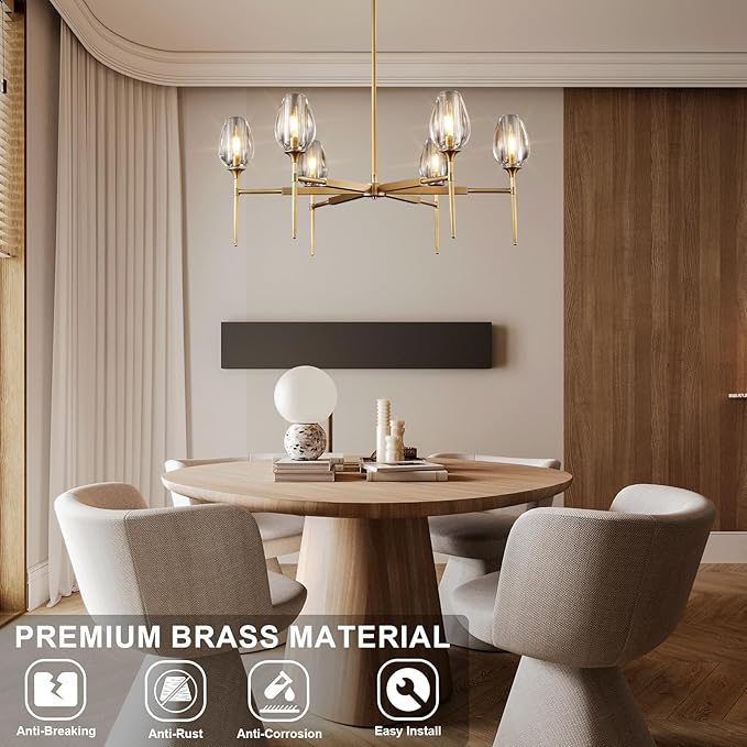 Modern Gold Round Chandelier Light Fixture, K9 Crystal Chandeliers for Dining Room, Living Room, 42in Dining Room Chandeliers Over Table, Chandelier for Bedroom, Foyer, Includes 6XG4 Bulbs