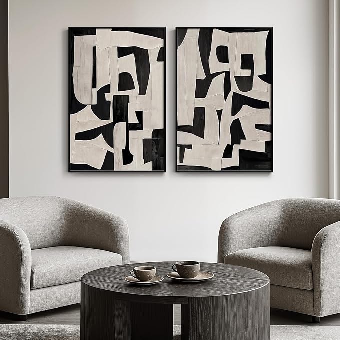 Large Framed Black and Beige Abstract Wall Art, Set of 2 Piece Minimalist Canvas Paintings Artwork for Walls, Modern Art Prints Pictures for Living Room Hallway Dining Room Bedroom Office Wall Decor