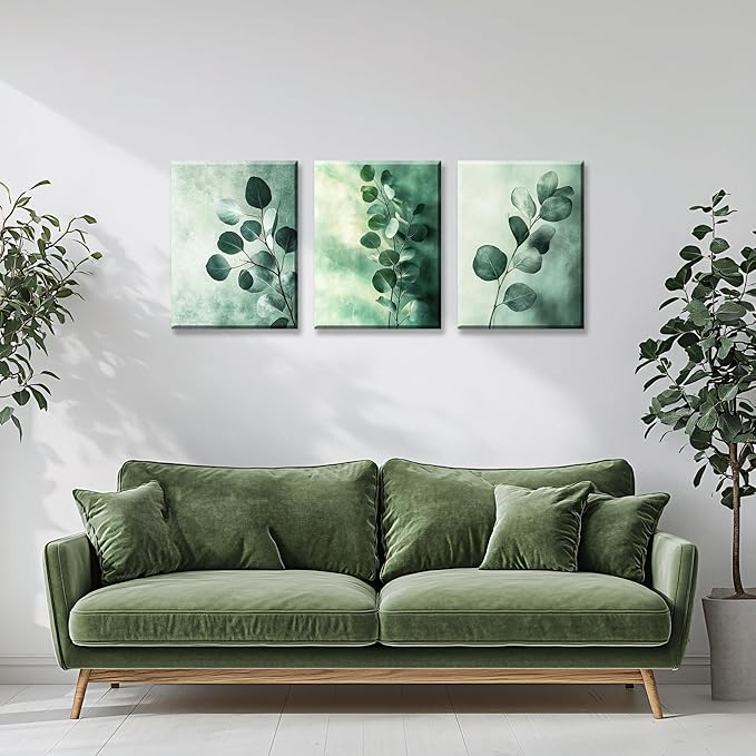 NAN Wind 3PCS Botanical Eucalyptus Canvas Wall Art Minimalist Sage Green Watercolor Leaves Modern Framed Canvas Wall Decor Nature Painting for Living Room Bedroom Office Decor