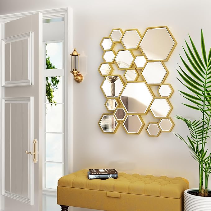 KOHORS Wall Decor Mirror Modern Hexagon Gold Wooden Framed Wall Mirror for Living Room,Bedroom,Entryways,Home Decor(W 31.4" x H 23.6" Honey Comb)