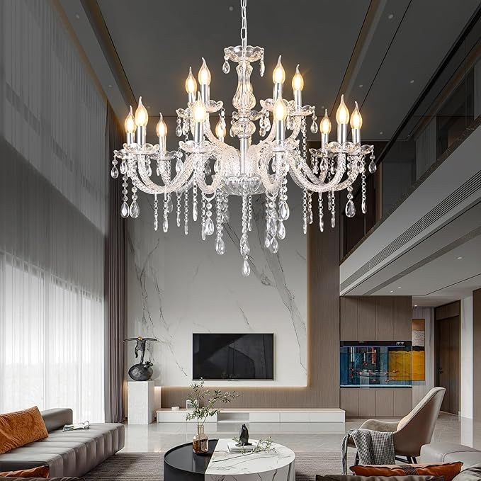 MALOSA Large Clear Crystal Chandeliers,30.7" Large Chandelier for Living Room,Bedroom,Dining Room,Hallway 15 Lights
