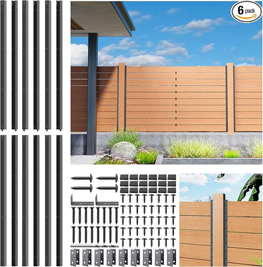 5FT No Dig Privacy Metal Fence Post for Wood Slat U-Shape，Black Line Post Outdoor Privacy Fence Panels Butt-Joint 6Pack